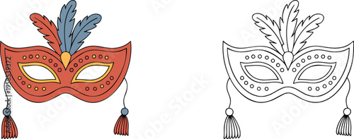 Carnival eye mask illustration & outline set isolated on transparent background