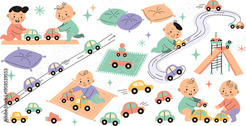 Cute kids playing with toy cars vector illustration set with children driving, building tracks, and engaging in playful nursery vehicle activities scenes.