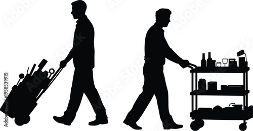 Hotel staff silhouettes, waiter pushing service cart and luggage trolley, hospitality service concept, restaurant and hotel work, black isolated illustration design