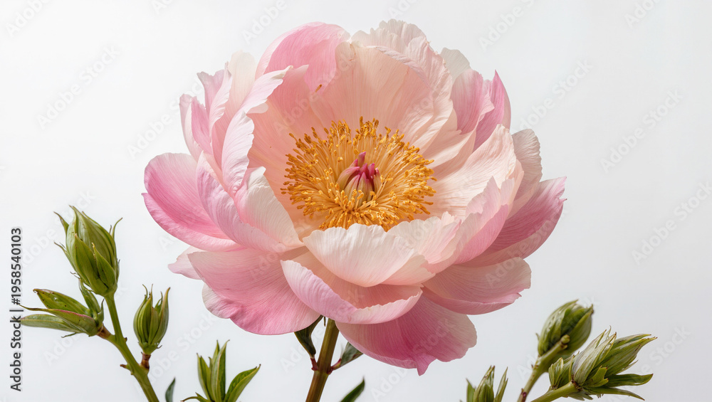 Obraz premium Delicate Pink Peony Blooming with Budding Green Shoots on White Background