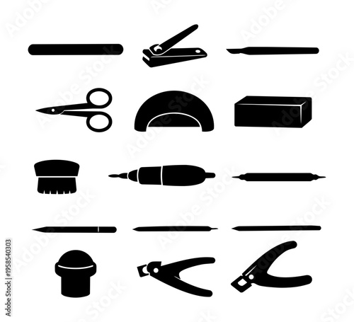 Nail Salon Tools Silhouette Set Black Manicure Equipment Icons