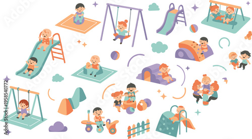 Kids playground activities vector illustration set with children playing on slides, swings, climbing frames, and outdoor equipment in colorful park scenes.