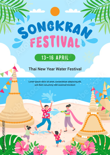 Songkran festival in the beach poster invitation vector illustration. Happy Thai New Year Holidays