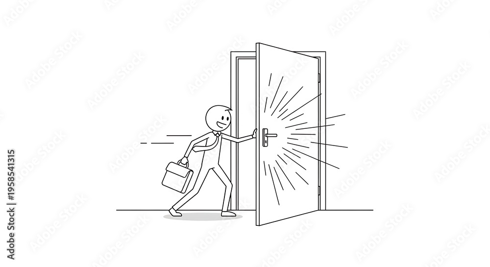 Obraz premium Cartoon illustration of a man bursting through a door with briefcase.