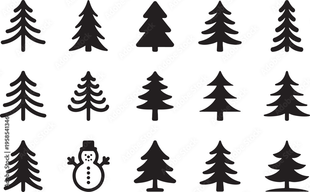 Obraz premium Christmas tree silhouettes and snowman outline on white background