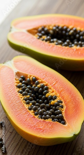 Exotic Papaya Sliced Open, Revealing Vibrant Orange Flesh and Shiny Black Seeds