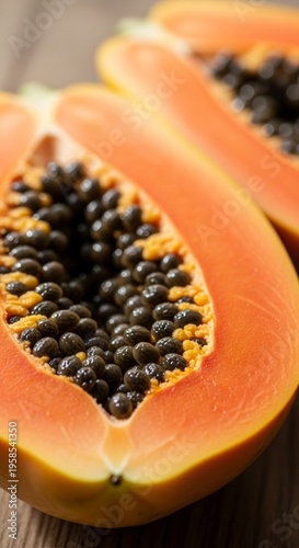 Exotic Papaya Sliced Open, Revealing Vibrant Orange Flesh and Shiny Black Seeds