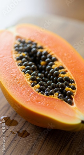 Exotic Papaya Sliced Open, Revealing Vibrant Orange Flesh and Shiny Black Seeds