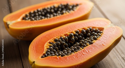 Exotic Papaya Sliced Open, Revealing Vibrant Orange Flesh and Shiny Black Seeds