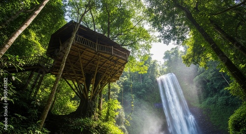 Exotic Photorealistic Treehouse Architecture Amidst Lush Green Jungle Foliage and a Grand Waterfall