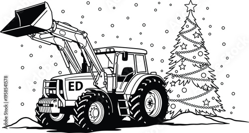 Black and white line of a front loader tractor next to a decorated Christmas tree with falling snow