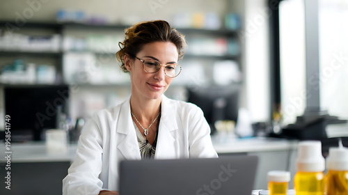 Confident female professional in lab coat and glasses uses laptop in medical setting, focused on work, embodying healthcare, science, and research