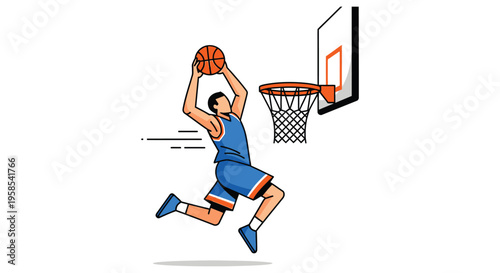 A dynamic illustration depicts a basketball player in mid air preparing to dunk presented as a silhouette high quality professional detailed modern