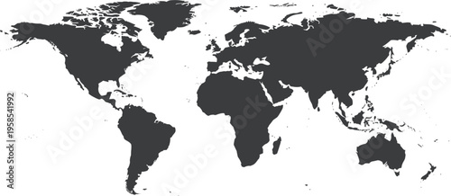 World map vector illustration with detailed black continents, global geography and international navigation design isolated on white background.