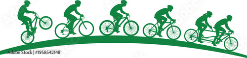 Silhouette of Cyclists in Motion on a Curved Pathway, Showing Various Stages of Cycling for Sports and Fitness Designs.