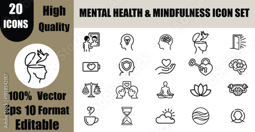 20 Mental Health and Mindfulness Line Icon Set Vector: Psychology and Therapy Outline Symbols.