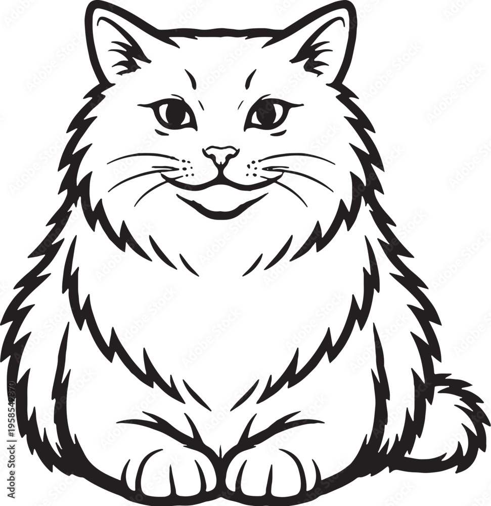 Obraz premium American Bobtail Cat Loaf Sitting Front View Black and White Line Art