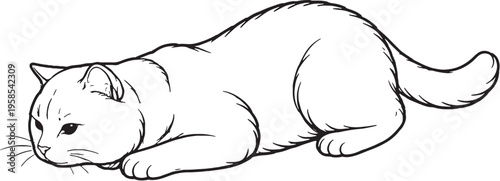 British Shorthair cat pouncing crouch hunting pose black and white line art isolated