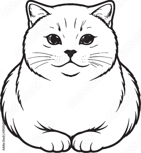 British Shorthair cat loaf sitting front view black and white line art isolated