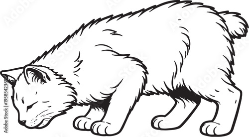 American Bobtail Cat Eating Side View Black and White Line Art