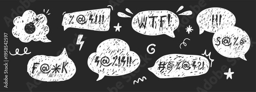 Chalk speech bubble with swear words doodle on blackboard, hand drawn comic. Grunge speech bubbles set with the curses, insults, vulgar rage, swear word symbols