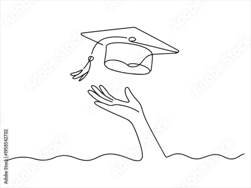 One line drawing of hand tossing graduation cap, Graduation Cap Toss Continuous Line Drawing, Education Success Minimal Illustration