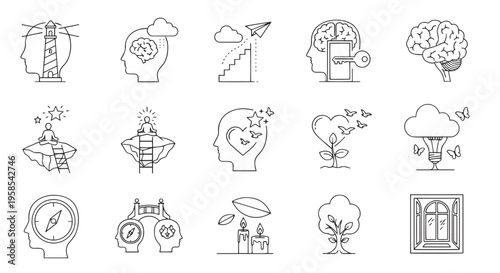 Mental Health and Psychology Line Icons Set for Self Care
