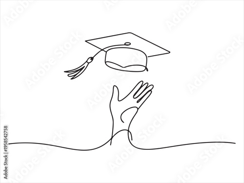 One line drawing of hand tossing graduation cap, Graduation Cap Toss Continuous Line Drawing, Education Success Minimal Illustration