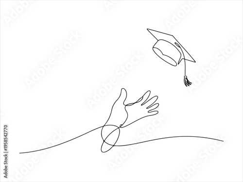 One line drawing of hand tossing graduation cap, Graduation Cap Toss Continuous Line Drawing, Education Success Minimal Illustration