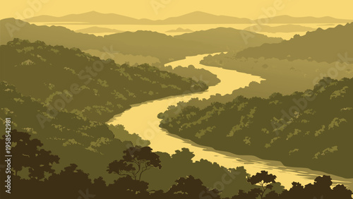 Serene winding river through lush tropical jungle mountains in flat vector style