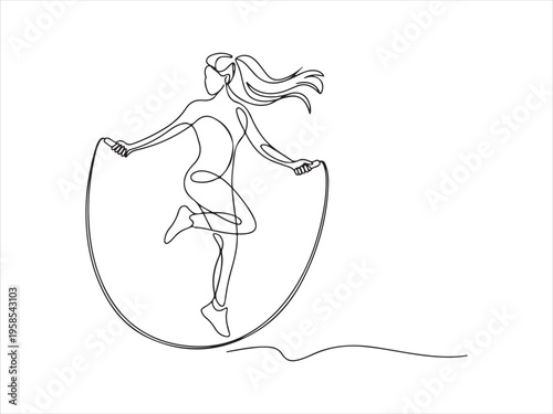One line drawing woman skipping sport theme. Continuous Line Drawing of Woman Jumping Rope, Minimalist Fitness Illustration