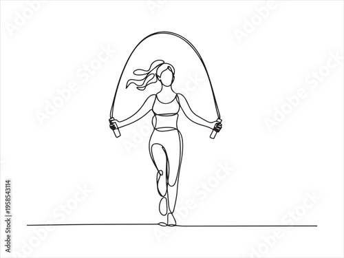 One line drawing woman skipping sport theme. Continuous Line Drawing of Woman Jumping Rope, Minimalist Fitness Illustration