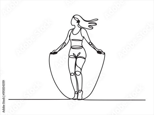 One line drawing woman skipping sport theme. Continuous Line Drawing of Woman Jumping Rope, Minimalist Fitness Illustration