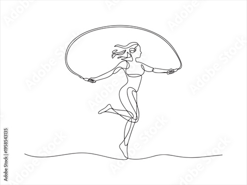 One line drawing woman skipping sport theme. Continuous Line Drawing of Woman Jumping Rope, Minimalist Fitness Illustration