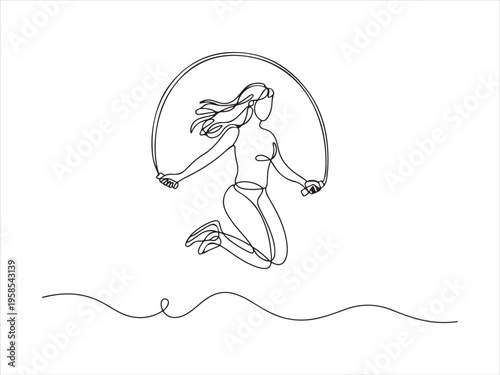 One line drawing woman skipping sport theme. Continuous Line Drawing of Woman Jumping Rope, Minimalist Fitness Illustration