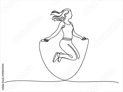One line drawing woman skipping sport theme. Continuous Line Drawing of Woman Jumping Rope, Minimalist Fitness Illustration