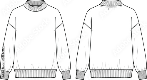 Men crew neck sweatshirt technical drawing front back view, casual apparel template, modern clothing design vector illustration mockup