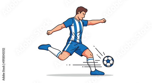 A cartoon illustration depicts a soccer player in motion kicking a ball with dynamic energy silhouette high quality professional detailed