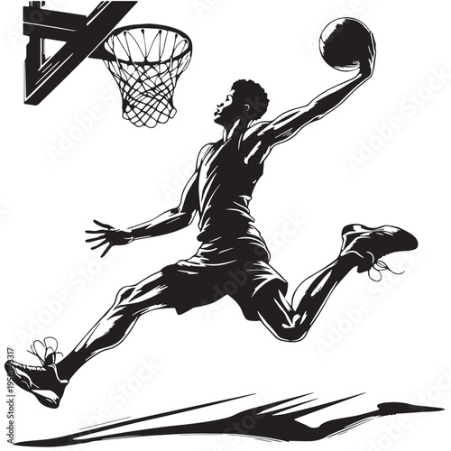 Black Basketball dunk Silhouette Vector, High Quality Illustration on White Background