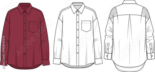 Men long sleeve button down shirt technical drawing front back view, casual apparel template, modern clothing design vector illustration