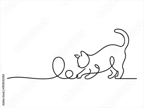 Cat playing one line drawing, Continuous One Line Drawing Cat Playing with Ball Minimal Line Art Vector Illustration