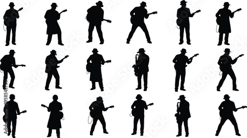 Collection of black silhouettes of musicians playing guitars and saxophones wearing hats and coats