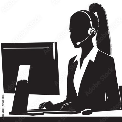 Fotografie Black Call center agent Silhouette Vector, High Quality Illustration on White Ba