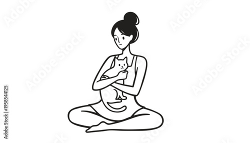 A pregnant woman in yoga pose holding a white cat illustration