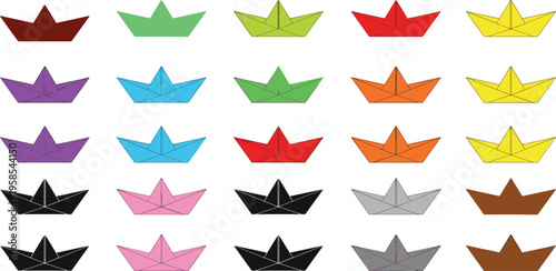 Colorful paper boat origami set for children creativity and school projects isolated on white background cad drawing flat vector illustration icons collection