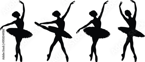 Four black silhouettes of ballerinas in various ballet poses wearing tutus and pointe shoes on a white background