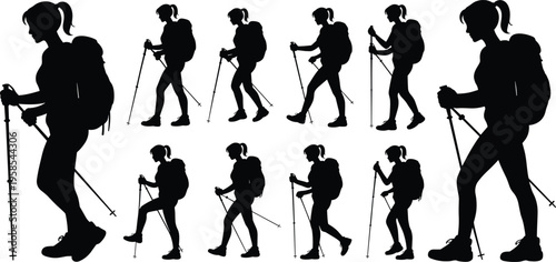 Multiple black silhouette female hikers with backpacks and trekking poles in various poses