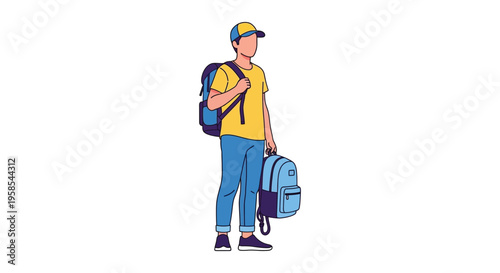 A young man with a backpack and cap stands facing forward in a colorful outlined silhouette high quality professional detailed modern
