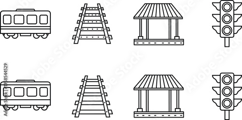 Railway transportation icons set with train carriage track platform and traffic lights for subway station design cad drawing flat vector illustration isolated