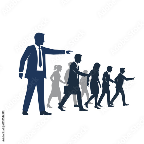 Concept of a determined business leader guiding their team forward, demonstrating clear direction and collective progress towards a shared objective and fostering a unified path to success